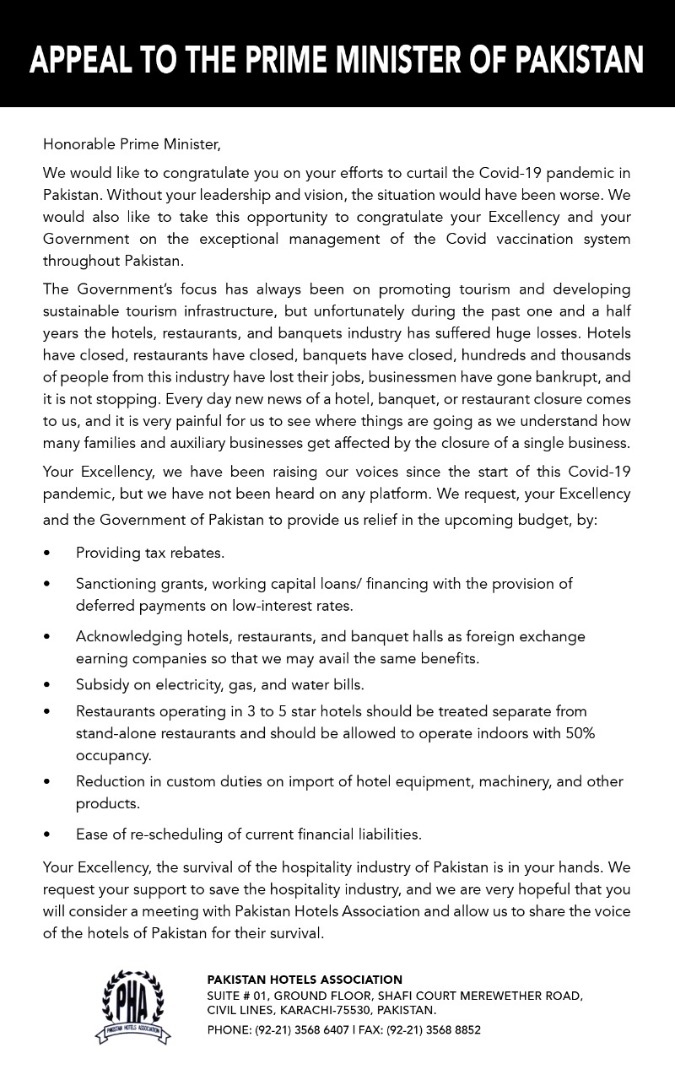 PHA Appeal to the the Prime Minister of Pakistan on behalf of Hotel Industry for its survival